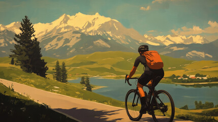 Fototapeta premium Cyclist traversing mountain landscape with lake and distant snowy peaks under clear skies