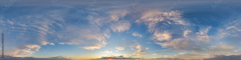Wall mural pink blue evening sky hdri 360 panorama view with zenith and awesome clouds before sunset for use in