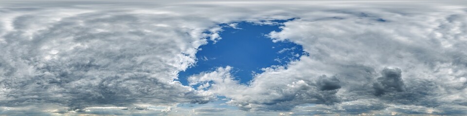 Fototapeta premium sky hdri 360 panorama with dark clouds before storm in seamless equirectangular projection for use in 3d graphics as skydome or edit drone panoramas for sky replacement