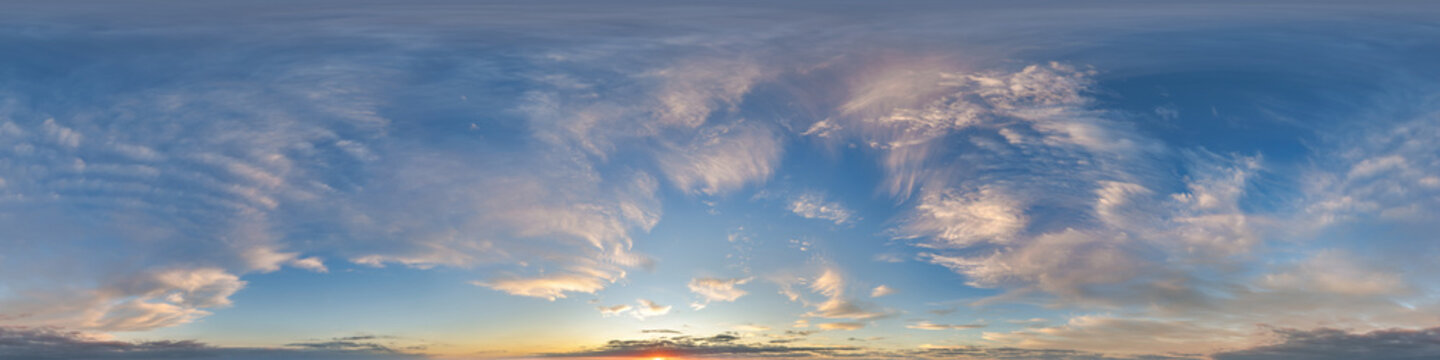 pink blue evening sky hdri 360 panorama view with zenith and awesome clouds before sunset for use in 3d graphics as sky dome or edit drone shot as sky replacement
