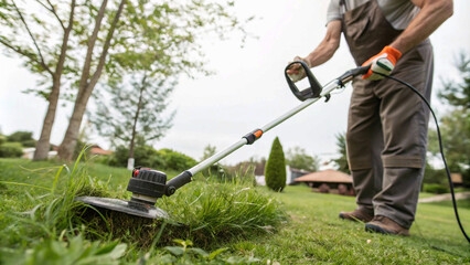 mowing the grass cutting the grass modern cutter machine electronic close-up view of a person using an electric trimmer to maintain a neat garden border