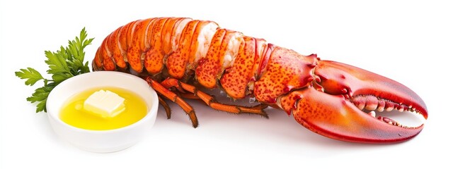 A plump lobster tail with melted butter for dipping, isolated white background, pop art style