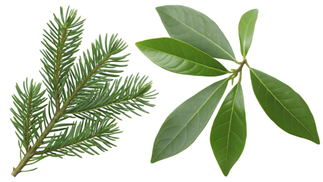 Evergreen branch, green avocado twig on a white background.AI GENERATED