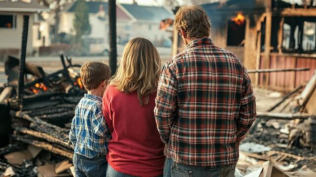 Family watching burning house after natural disaster with sadness