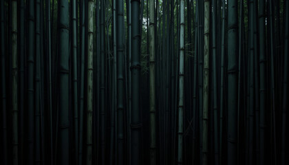 Obraz premium Dark bamboo jungle, mysterious and eerie, with towering slender stalks in a shadowy atmosphere