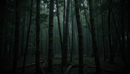 Naklejka premium Mysterious bamboo forest shrouded in mist, dark and eerie, with tall slender stalks