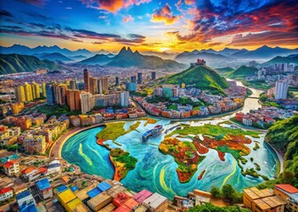 Obraz premium Urban Exploration Photography of a World Topography Map Featuring Diverse Landscapes, Mountain Ranges, and Geological Patterns in an Urban Setting, Capturing the Essence of Cartography