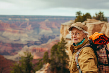 Elderly Caucasian female hiker explores scenic canyon landscape