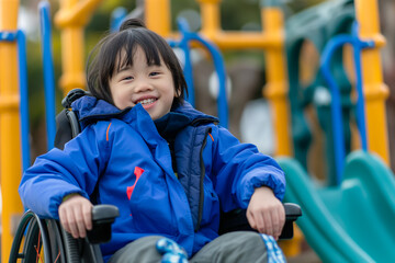 Asian young child in wheelchair enjoying playground outdoors