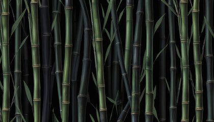 Fototapeta premium Close-up view of bamboo stalks in varying shades of green and black, creating a rich and moody atmosphere