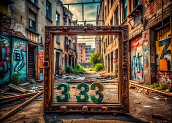 Fototapeta premium Urban Exploration Photography with a Frame Full of Numbers Amidst Decaying Buildings, Graffiti Walls, and Abandoned Structures in a Mysterious Cityscape