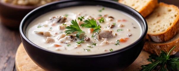 A creamy seafood chowder served in a black bowl, garnished with parsley, alongside slices of crusty bread on a wooden table.