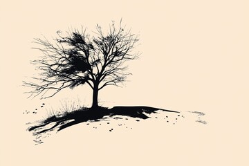 A solitary tree on a hill drawn in fine black lines on a warm beige background.