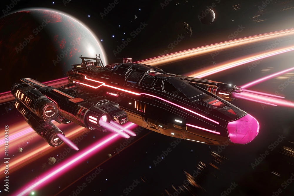Poster a spaceship flying toward a massive gas giant with glowing rings and multiple moons