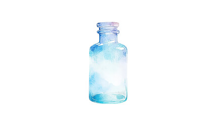 Glass Bottle with Light Blue Watercolor Effects on White Background