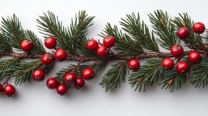 Pine Sprigs with Red Berries on a White Background. Generative AI