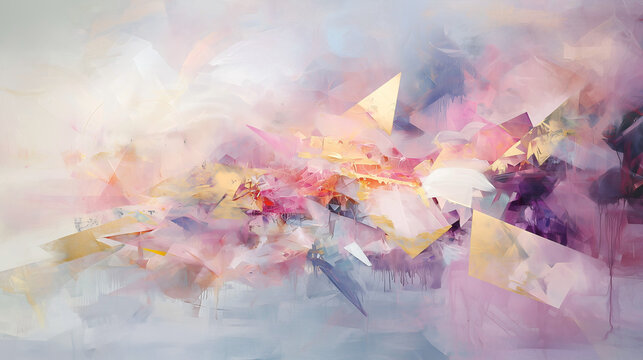 Abstract dreamscape, fragmented shapes and surreal imagery, soft blending colors of pinks, purples, and golds, floating shards of glass reflecting light, impression of a lucid dream and ethereal beaut