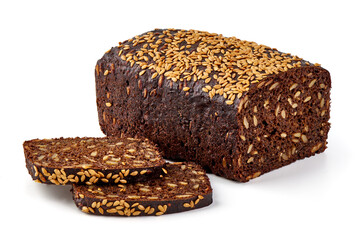 Rye bread with seeds, isolated on white background.