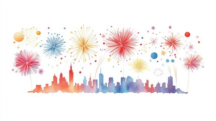 Obraz premium Colorful Fireworks Over City Skyline at Night in Watercolor Style