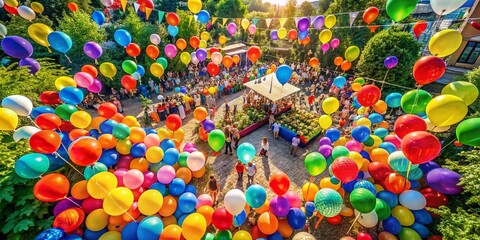 Fototapeta premium Vibrant Aerial Photography of a Colorful Party Background Filled with Balloons, Perfect for Celebrations, Events, and Festive Gatherings in a Bright and Cheerful Atmosphere