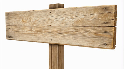 rustic, empty wooden signboard mounted on a single vertical post, set against a plain white background.