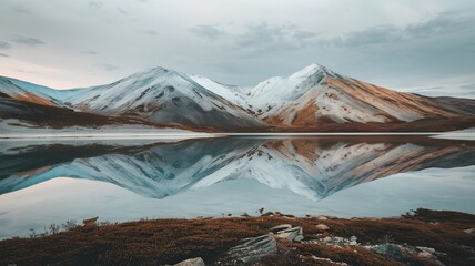 Serene lake with ice blue water and burnt sienna plants