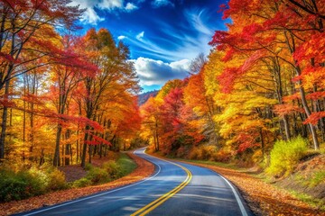 Fototapeta premium Vibrant Autumn Colors Along a Serene Road: A Captivating Landscape of Nature's Beauty with Lush Forests and Crisp Leaves Perfect for Travel and Outdoor Enthusiasts