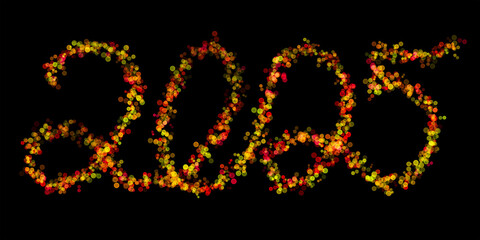 2025 made with multicolored bokeh lights effect, Yellow, Red color, Bokeh abstract isolated on black background, Blur, Glitter, Illustration design, Happy New Year