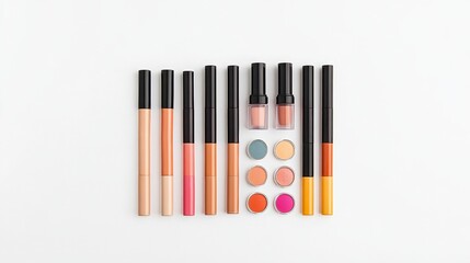 Obraz premium Colorful Makeup Collection with Lipsticks and Eye Shadows on White Background