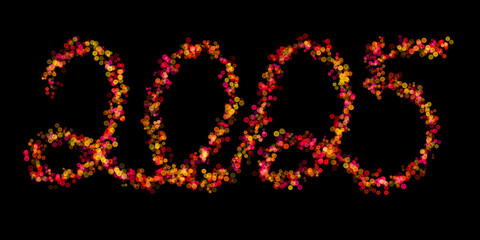 2025 made with multicolored bokeh lights effect, Pink, Yellow color, Bokeh abstract isolated on black background, Blur, Glitter, Illustration design, Happy New Year