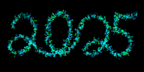 2025 made with multicolored bokeh lights effect, Blue, Green color, Bokeh abstract isolated on black background, Blur, Glitter, Illustration design, Happy New Year