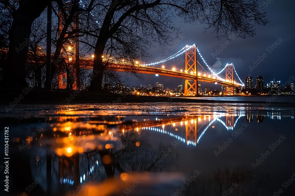 Poster a view of a suspension bridge lit up at night, with its reflection shimmering in the water below.