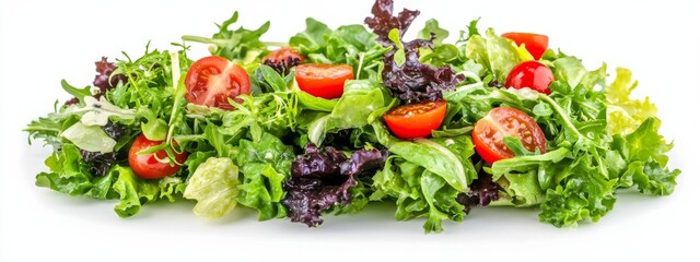 A refreshing green salad with mixed greens and cherry tomatoes, isolated white background, impressionism art style