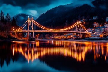 Fototapeta premium A view of a suspension bridge lit up at night, with its reflection shimmering in the water below. 