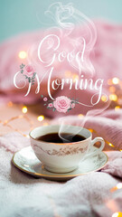 A postcard with a steaming cup of coffee on a soft blanket and the words: "Good morning" on a soft blurred background, a cozy and serene morning atmosphere.
