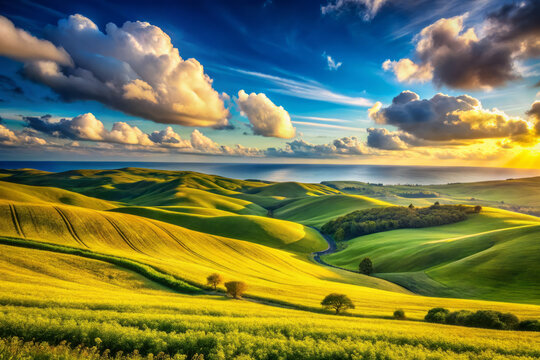 Breathtaking landscape featuring rolling green hills under vibrant sky with clouds and sunlight. serene river winds through lush fields, creating picturesque scene