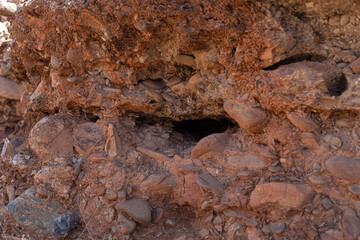 Close-up of sedimentary strata in the Moroccan landscape, south of Marrakech.
