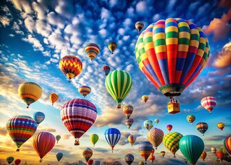 Obraz premium Vibrant Double Exposure of Colorful Hot Air Balloons Soaring Through a Bright Sky, Merging Nature's Beauty with Creative Generative AI Technology for Stunning Visuals
