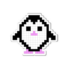 Pixel art sticker for print on different product, social media communication. Cute penguin isolated vector illustration on white background.