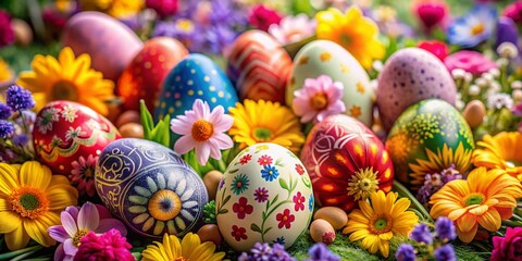 Obraz premium Vibrant Easter Eggs Nestled Among Colorful Spring Flowers for a Joyful Seasonal Celebration