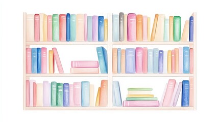 Colorful Watercolor Bookshelf with Vivid Book Covers and Spines