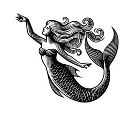 mermaid with star in hand engraving black and white outline