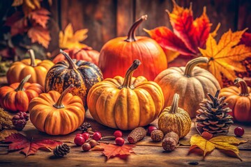 Vibrant Fall Scene Featuring Pumpkins and Colorful Leaves for Thanksgiving Celebrations, Capturing the Essence of Autumn with Rich Textures and Warm Tones in a Vintage Style