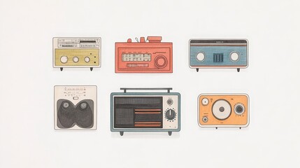 Fototapeta premium Vintage Retro Radios Collection Illustration on a Cream Background