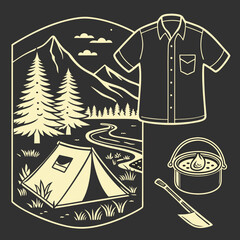 christmas card with christmas tree and santa, a black and white drawing of a camping tent and campfire.