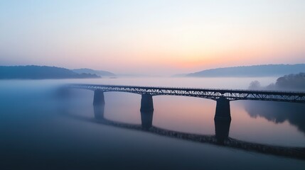 Obraz premium Misty Sunrise Over Tranquil River and Historic Bridge Landscape