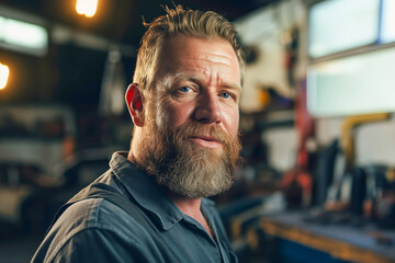 Caucasian mature male craftsman in workshop with tools and warm lighting