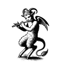 young mythical satyr playing the flute engraving black and white outline