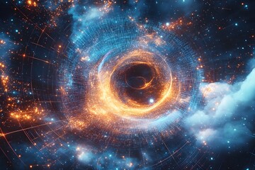 Obraz premium A blend of electric blues, bright oranges, and radiant purples form an abstract digital nebula