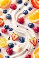 Vibrant Swirl of Creamy Yogurt Topped with Fresh Fruits, Including Berries, Kiwis, and Citrus, Highlighting Sweetness and Freshness in a Dynamic Composition